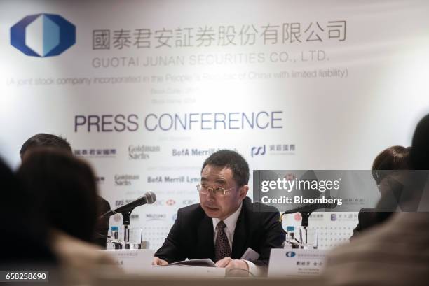 Wang Song, president of Guotai Junan International Holdings Ltd., speaks during a news conference in Hong Kong, China, on Monday, March 27, 2017....