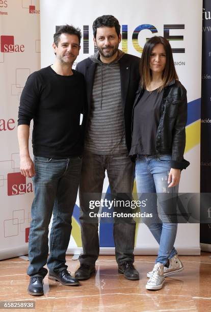 Antonio Hortelano, Manuel Rios and Eva Santolaria attend the 'Dirige' photocall at the SGAE on March 27, 2017 in Madrid, Spain.