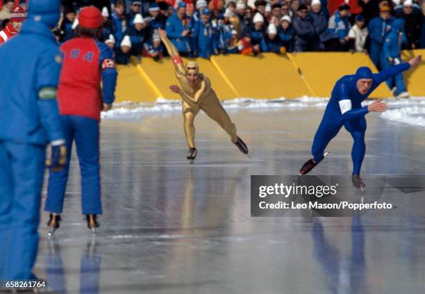 Eric Heiden of the USA enroute to winning the gold medal in the men's 500 metres speed skating event during the Winter Olympic Games in Lake Placid,...