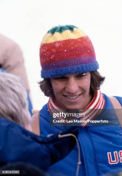 Eric Heiden of the USA, winner of all five of the men's speed skating events, during the Winter Olympic Games in Lake Placid, New York, circa...