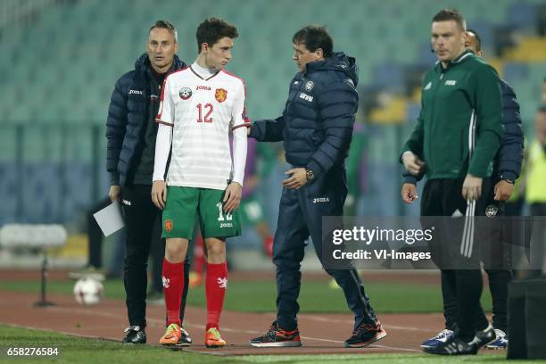 Bozhidar Kraev of Bulgaria, coach Petar Houbtchev of Bulgariaduring the FIFA World Cup 2018 qualifying match between Bulgaria and Netherlands on...