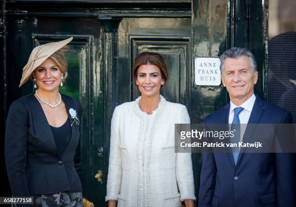 Queen Maxima of The Netherlands and President Mauricio Macri of Argentina and his wife Juliana Awada visit the Anne Frank House on March 27, 2017 in...