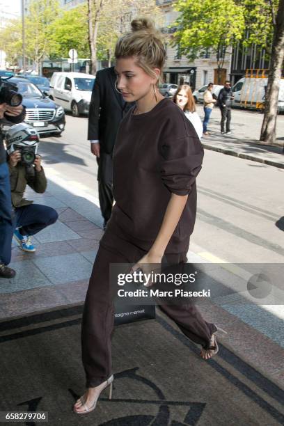 Model Hailey Baldwin is seen on March 27, 2017 in Paris, France.