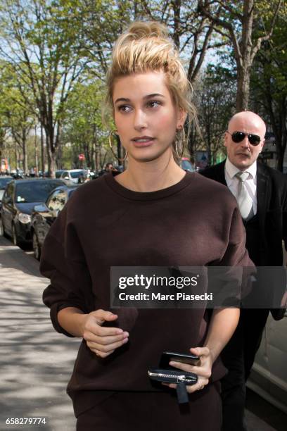 Model Hailey Baldwin is spotted on Avenue Montaigne on March 27, 2017 in Paris, France.