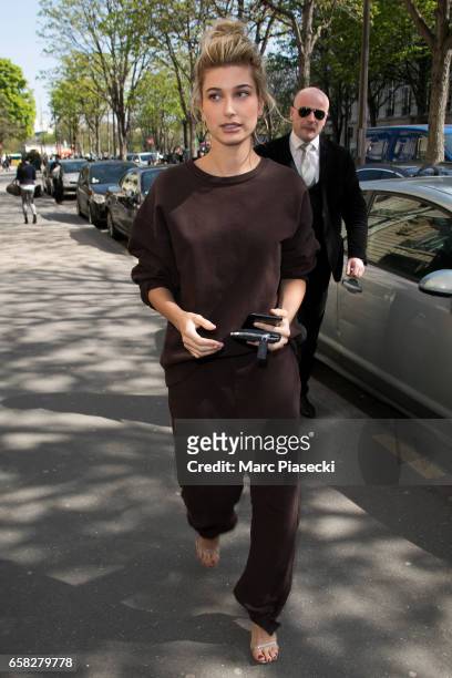 Model Hailey Baldwin is spotted on Avenue Montaigne on March 27, 2017 in Paris, France.