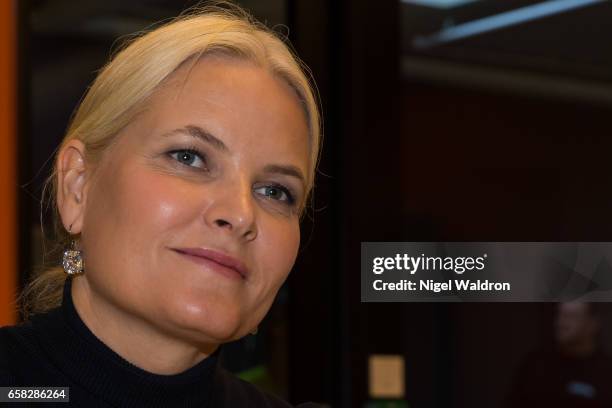 Crown Princess Mette Marit of Norway listens during a visit to Culture Centre in the Bjerke District on March 27, 2017 in Oslo, Norway.