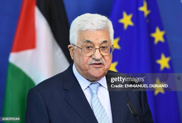 Palestinian President Mahmoud Abbas arrives to make a statement at the European Commission in Brussels on March 27, 2017.