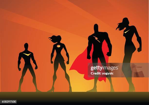superhero group pose silhouette - superhero logo stock illustrations