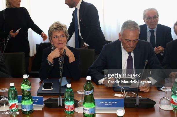 Evelina Christillin of FIFA and Gabriele Gravina of LEGA PRO attend at Italian Football Federation Federal Council Meeting at Coverciano on March 27,...