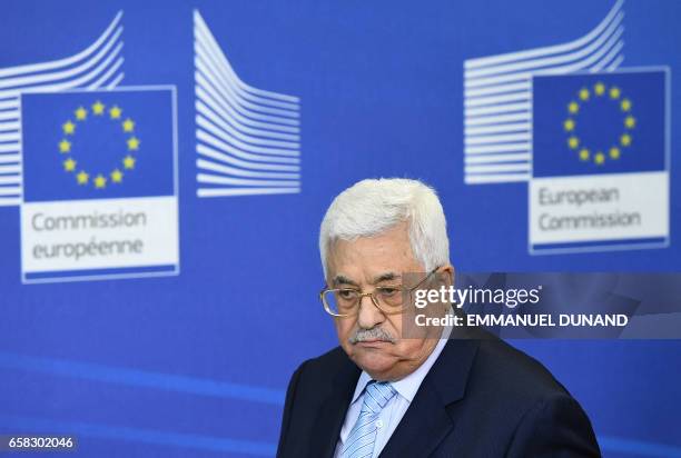 Palestinian President Mahmoud Abbas speaks during a press conference at the European Commission in Brussels on March 27, 2017.