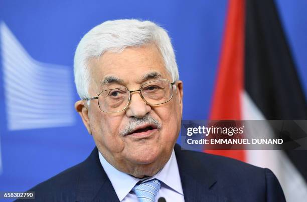 Palestinian President Mahmoud Abbas speaks during a press conference at the European Commission in Brussels on March 27, 2017.