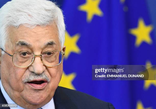 Palestinian President Mahmoud Abbas speaks during a press conference at the European Commission in Brussels on March 27, 2017.