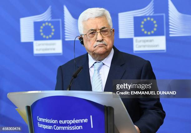 Palestinian President Mahmoud Abbas speaks during a press conference at the European Commission in Brussels on March 27, 2017.