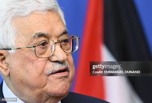 Palestinian President Mahmoud Abbas speaks during a press conference at the European Commission in Brussels on March 27, 2017.