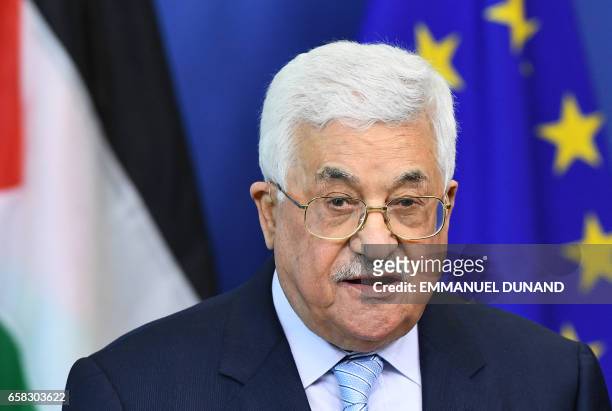 Palestinian President Mahmoud Abbas speaks during a press conference at the European Commission in Brussels on March 27, 2017.