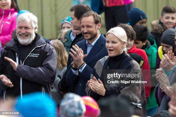 Crown Prince Haakon of Norway and Crown Princess Mette Marit of Norway meet the local people during her visit to the Ice Lake forest in Bjerke...