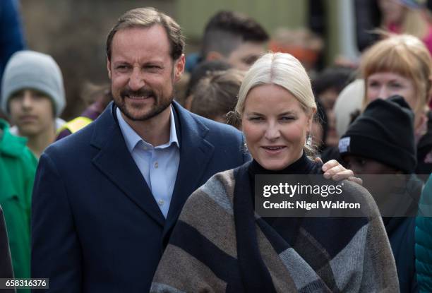 Crown Prince Haakon of Norway and Crown Princess Mette Marit of Norway visit the Ice Lake forest in Bjerke District on March 27, 2017 in Oslo, Norway.