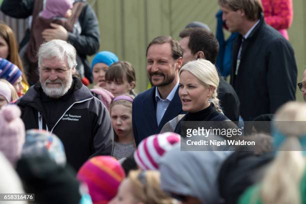 Crown Prince Haakon of Norway and Crown Princess Mette Marit of Norway meet the local people during her visit to the Ice Lake forest in Bjerke...