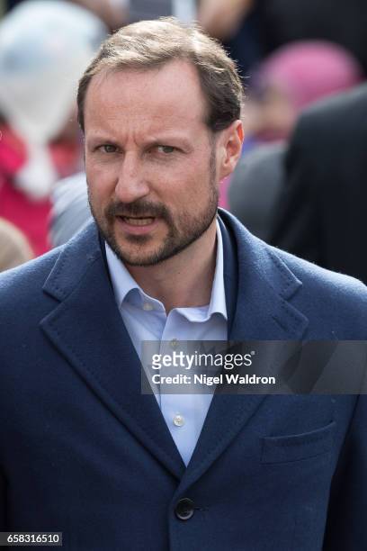 Crown Prince Haakon of Norway visits the Ice Lake forest in Bjerke District on March 27, 2017 in Oslo, Norway.