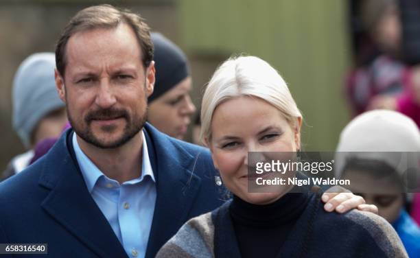 Crown Prince Haakon of Norway and Crown Princess Mette Marit of Norway visit the Ice Lake forest in Bjerke District on March 27, 2017 in Oslo, Norway.