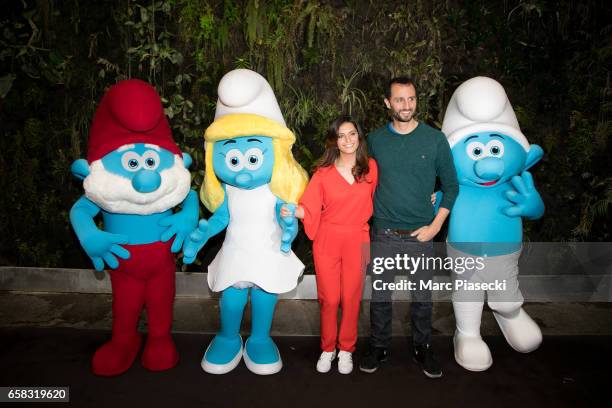 Actors Laetitia Milot and Arie Elmaleh attend the 'Smurfs: The Lost Village' photocall at Hotel Pershing Hall on March 27, 2017 in Paris, France.