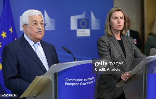 Palestinian President Mahmoud Abbas and High Representative of the European Union for Foreign Affairs and Security Policy Federica Mogherini hold a...