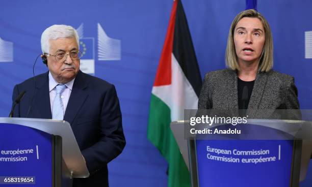 Palestinian President Mahmoud Abbas and High Representative of the European Union for Foreign Affairs and Security Policy Federica Mogherini hold a...