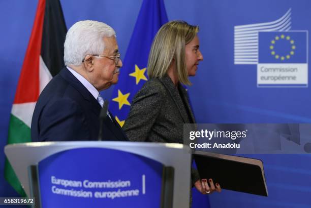 Palestinian President Mahmoud Abbas and High Representative of the European Union for Foreign Affairs and Security Policy Federica Mogherini hold a...