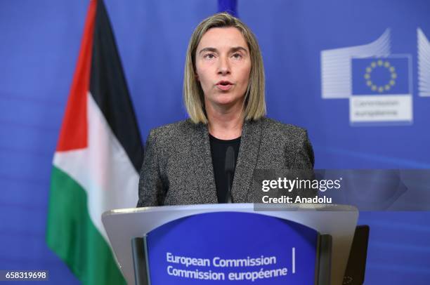 Palestinian President Mahmoud Abbas and High Representative of the European Union for Foreign Affairs and Security Policy Federica Mogherini hold a...