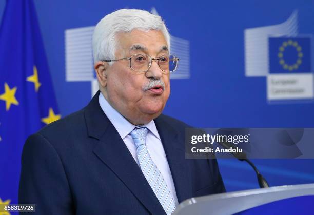 Palestinian President Mahmoud Abbas and High Representative of the European Union for Foreign Affairs and Security Policy Federica Mogherini hold a...