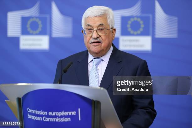 Palestinian President Mahmoud Abbas and High Representative of the European Union for Foreign Affairs and Security Policy Federica Mogherini hold a...