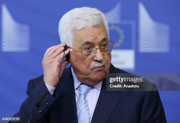 Palestinian President Mahmoud Abbas and High Representative of the European Union for Foreign Affairs and Security Policy Federica Mogherini hold a...