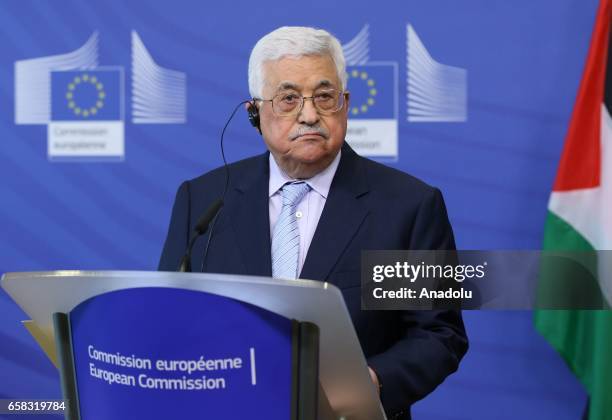 Palestinian President Mahmoud Abbas and High Representative of the European Union for Foreign Affairs and Security Policy Federica Mogherini hold a...