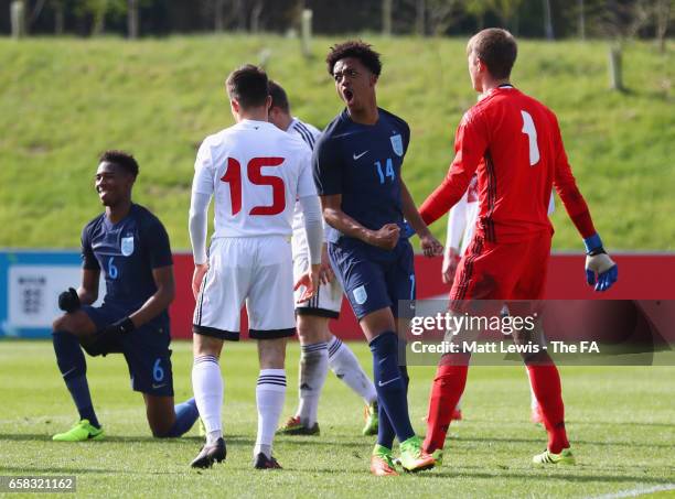 Chris Willock of England celebrates as he scores their fourth goal during the UEFA U19 International qualifiying match between England and Belarus at...
