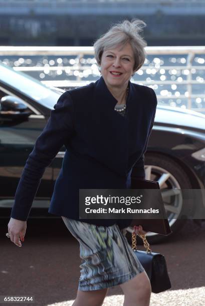 British Prime Minister Theresa May arrives at the Crown Plaza Hotel for a meeting with First Minister Nicola Sturgeon at the Crown Plaza Hotel on...