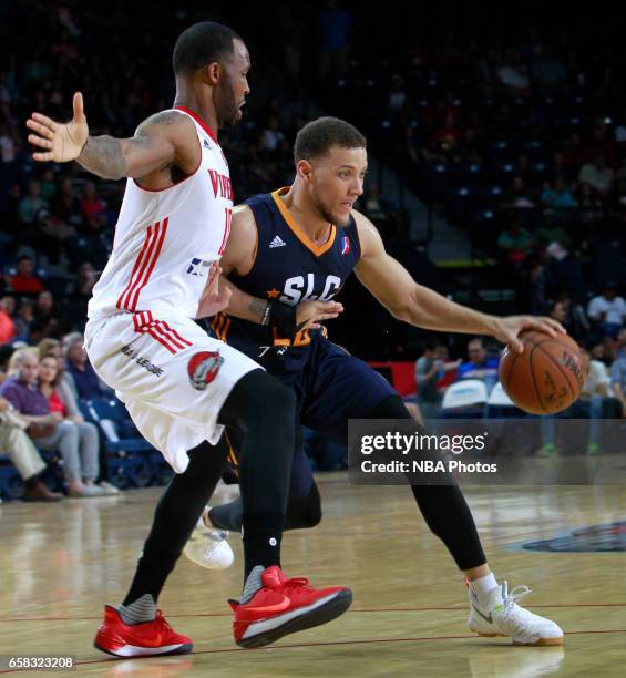 Brandon Triche of the Salt Lake City Stars dribbles the ball against the Rio Grande Valley Vipers at the State Farm Arena March 25, 2017 in Hidalgo,...