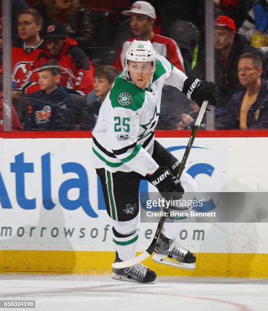 Brett Ritchie of the Dallas Stars skates against the New Jersey Devils at the Prudential Center on March 26, 2017 in Newark, New Jersey. The Stars...