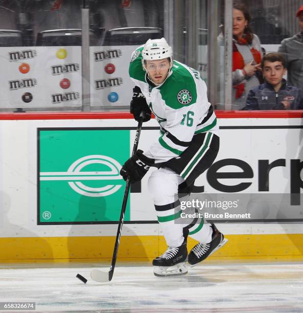 Jason Dickinson of the Dallas Stars skates against the New Jersey Devils at the Prudential Center on March 26, 2017 in Newark, New Jersey. The Stars...