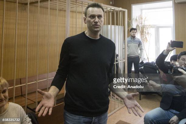 Russian opposition politician Alexei Navalny is seen during the trial of his detention on an unauthorized rally against corruption in the Tverskoy...