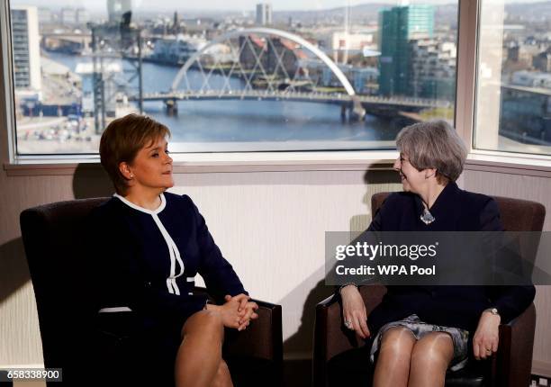 British Prime Minister Theresa May meets with Scottish First Minister Nicola Sturgeon at the Crown Plaza Hotel on March 27, 2017 in Glasgow,...