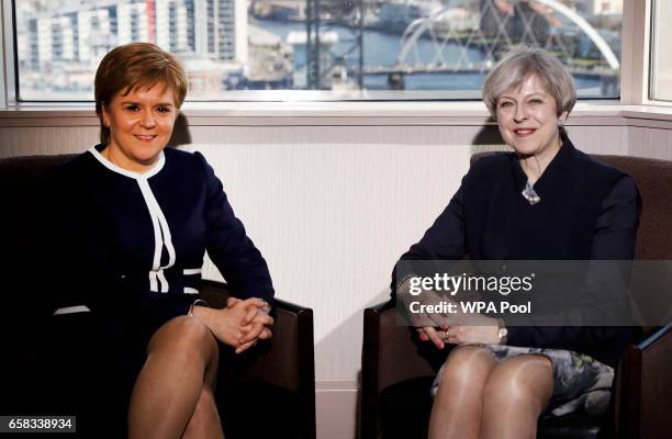 British Prime Minister Theresa May meets with Scottish First Minister Nicola Sturgeon at the Crown Plaza Hotel on March 27, 2017 in Glasgow,...