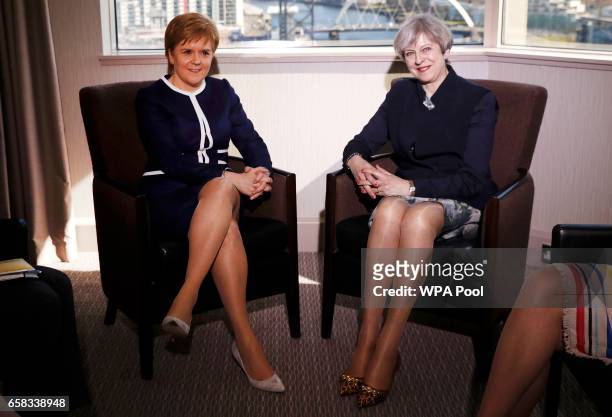 British Prime Minister Theresa May meets with Scottish First Minister Nicola Sturgeon at the Crown Plaza Hotel on March 27, 2017 in Glasgow,...