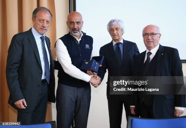 Major of Amatrice Sergio Pirozzi receives the Panchina D'Oro Prize during Italian Football Federation 'Panchine D'Oro E D'Argento' Prize at...