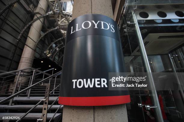 Sign is displayed on the Lloyd's building, home of the world's largest insurance market Lloyd's of London, on March 27, 2017 in London, England....