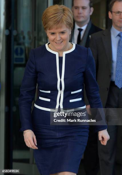 First Minister of Scotland Nicola Sturgeon leaves the Crowne Plaza Hotel after a meeting with British Prime Minister Theresa May at the Crowne Plaza...