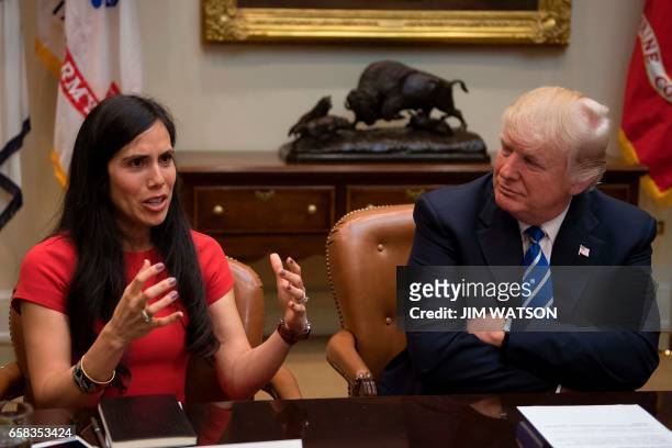 Of Trumbull Unmanned Dyan Gibbens speaks as US President Donald Trump participates in a roundtable with women small business owners at the White...