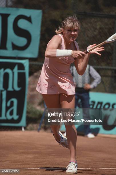 English tennis player Sue Barker pictured in action competing for Great Britain to reach the quarterfinals of the 1979 Federation Cup tennis...
