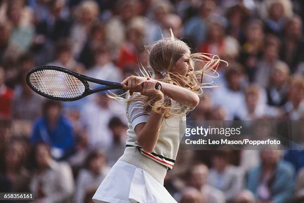 American tennis player Andrea Jaeger pictured in action competing to reach the quarterfinals of the Ladies' Singles tournament at the Wimbledon Lawn...