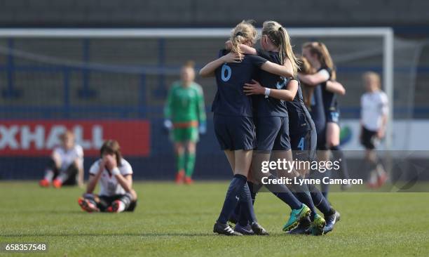 Shannon Cooke , Esme Beth Morgan and Esme Beth Morgan of England celebrate after the England v Germany U17 Girl's Elite Round match on March 27, 2017...