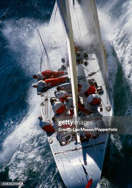 The racing boat French Kiss off Fremantle, Australia during the trials for the America's Cup, circa February 1987.